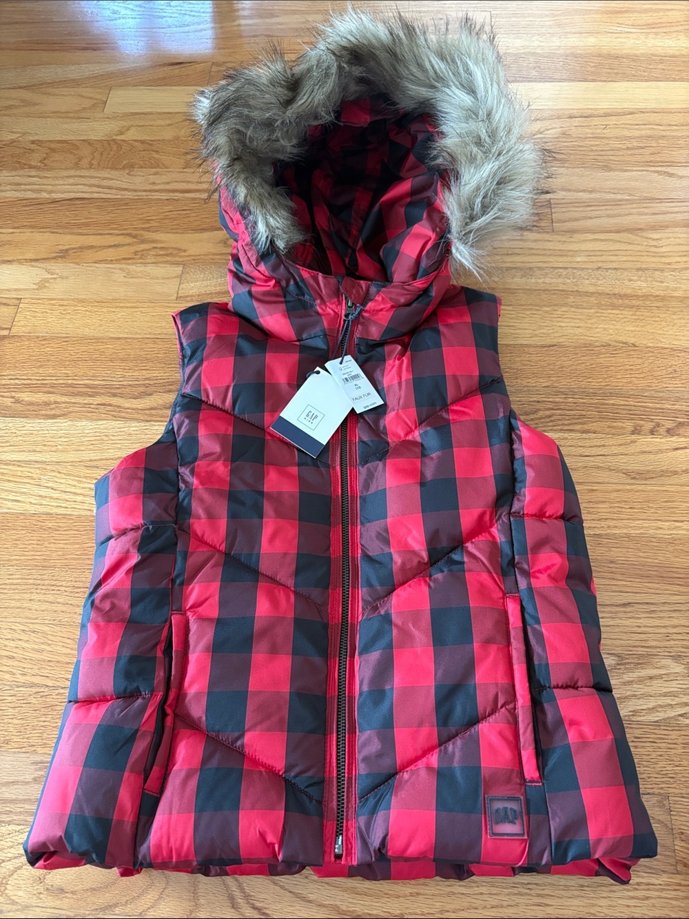 GAP Red and Black Buffalo Plaid Puffer Vest with Faux Fur Hood